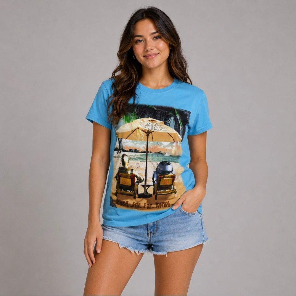 Disney Star Wars Beach Theme Bright Blue Logo Tee Shirt Cotton size S